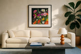 Vintage Floral I by Farida Zaman. Displayed in a glass frame with matte in a clean modern living room. Available as an archival giclee rolled canvas, fine art paper, or poster print. SKU 42505a.