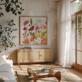 Vintage Floral I v2 by Farida Zaman. Shown in a natural wood frame in a cozy modern living room. Available as an archival giclee rolled canvas, fine art paper, or poster print. SKU 42908a.