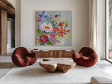 Vintage Floral II by Farida Zaman. Shown as extra-large giant wall art in a modern living room. Available as an archival giclee rolled canvas, fine art paper, or poster print. SKU 42506a.