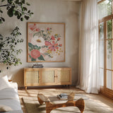 Vintage Floral II Modern by Farida Zaman. Shown in a natural wood frame in a cozy modern living room. Available as an archival giclee rolled canvas, fine art paper, or poster print. SKU 52774a.