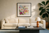 Vintage Floral II v2 by Farida Zaman. Displayed in a glass frame with matte in a clean modern living room. Available as an archival giclee rolled canvas, fine art paper, or poster print. SKU 42909a.