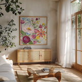 Vintage Floral II v2 Crop by Farida Zaman. Shown in a natural wood frame in a cozy modern living room. Available as an archival giclee rolled canvas, fine art paper, or poster print. SKU 54806a.