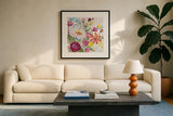 Vintage Floral II v2 Crop by Farida Zaman. Displayed in a glass frame with matte in a clean modern living room. Available as an archival giclee rolled canvas, fine art paper, or poster print. SKU 54806a.