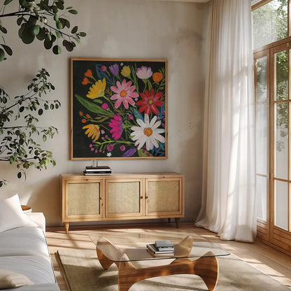 Vintage Floral III by Farida Zaman. Shown in a natural wood frame in a cozy modern living room. Available as an archival giclee rolled canvas, fine art paper, or poster print. SKU 42507a.