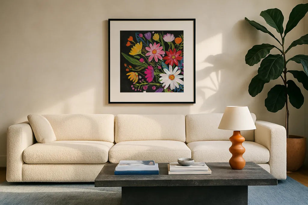 Vintage Floral III by Farida Zaman. Displayed in a glass frame with matte in a clean modern living room. Available as an archival giclee rolled canvas, fine art paper, or poster print. SKU 42507a.