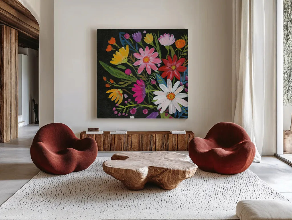 Vintage Floral III by Farida Zaman. Shown as extra-large giant wall art in a modern living room. Available as an archival giclee rolled canvas, fine art paper, or poster print. SKU 42507a.