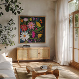 Vintage Floral III Flipped by Farida Zaman. Shown in a natural wood frame in a cozy modern living room. Available as an archival giclee rolled canvas, fine art paper, or poster print. SKU 42961a.