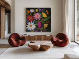 Vintage Floral III Flipped by Farida Zaman. Shown as extra-large giant wall art in a modern living room. Available as an archival giclee rolled canvas, fine art paper, or poster print. SKU 42961a.