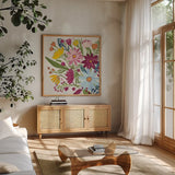 Vintage Floral III v2 by Farida Zaman. Shown in a natural wood frame in a cozy modern living room. Available as an archival giclee rolled canvas, fine art paper, or poster print. SKU 42910a.