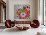 Vintage Floral IV Flipped by Farida Zaman. Shown as extra-large giant wall art in a modern living room. Available as an archival giclee rolled canvas, fine art paper, or poster print. SKU 42962a.