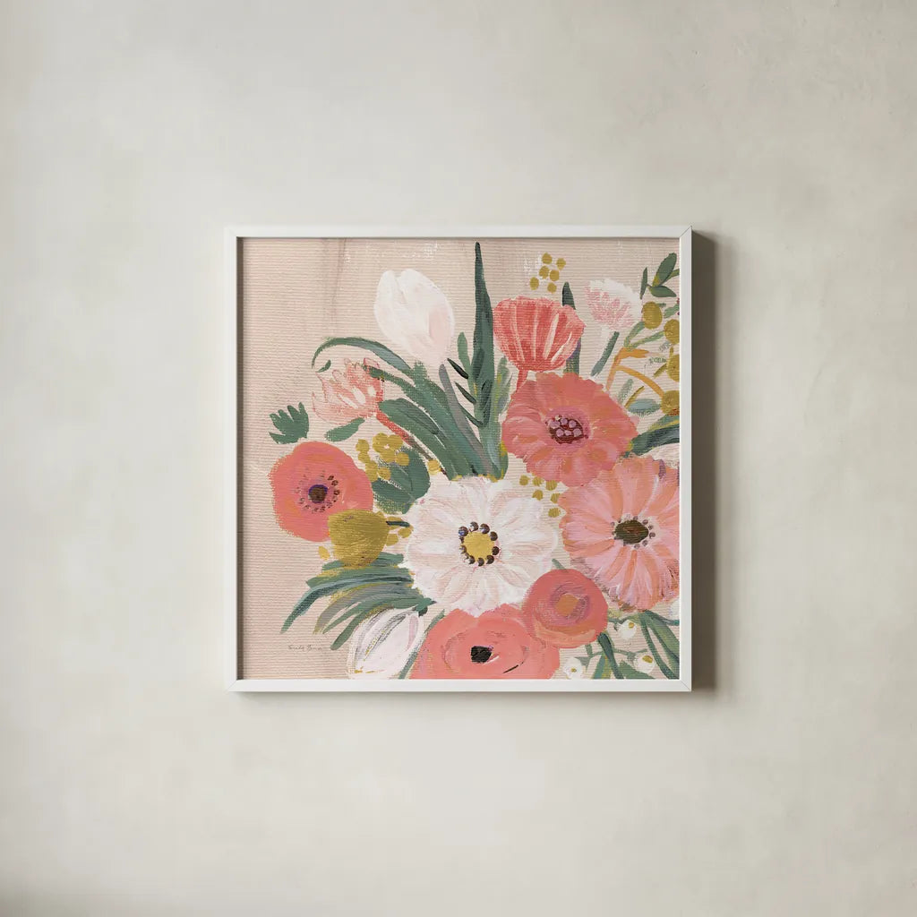 Vintage Floral IV Flipped Modern by Farida Zaman. Shown in a crisp white glass frame for a clean and minimalist style. Available as an archival giclee rolled canvas, fine art paper, or poster print. SKU 52775a.