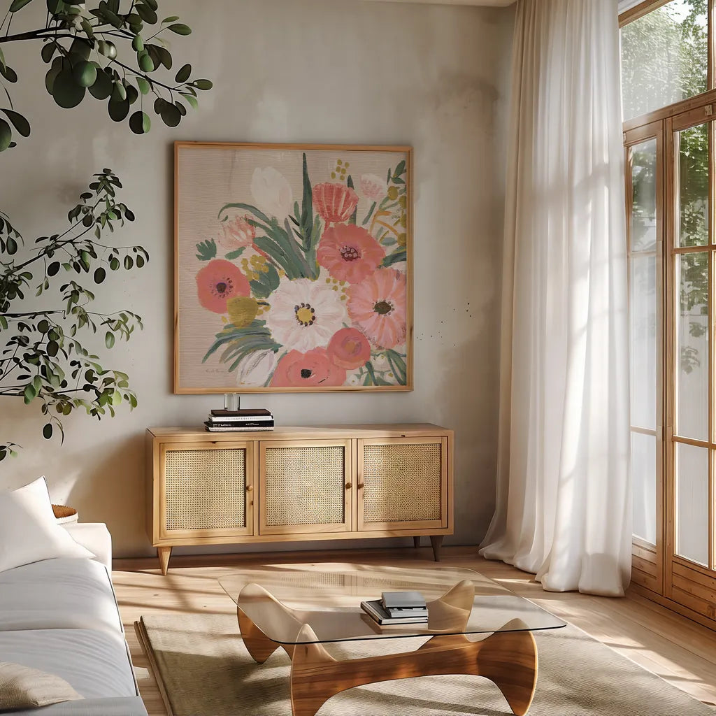 Vintage Floral IV Flipped Modern by Farida Zaman. Shown in a natural wood frame in a cozy modern living room. Available as an archival giclee rolled canvas, fine art paper, or poster print. SKU 52775a.