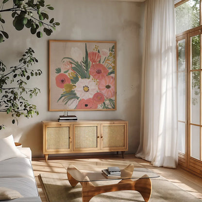 Vintage Floral IV Flipped Modern by Farida Zaman. Shown in a natural wood frame in a cozy modern living room. Available as an archival giclee rolled canvas, fine art paper, or poster print. SKU 52775a.