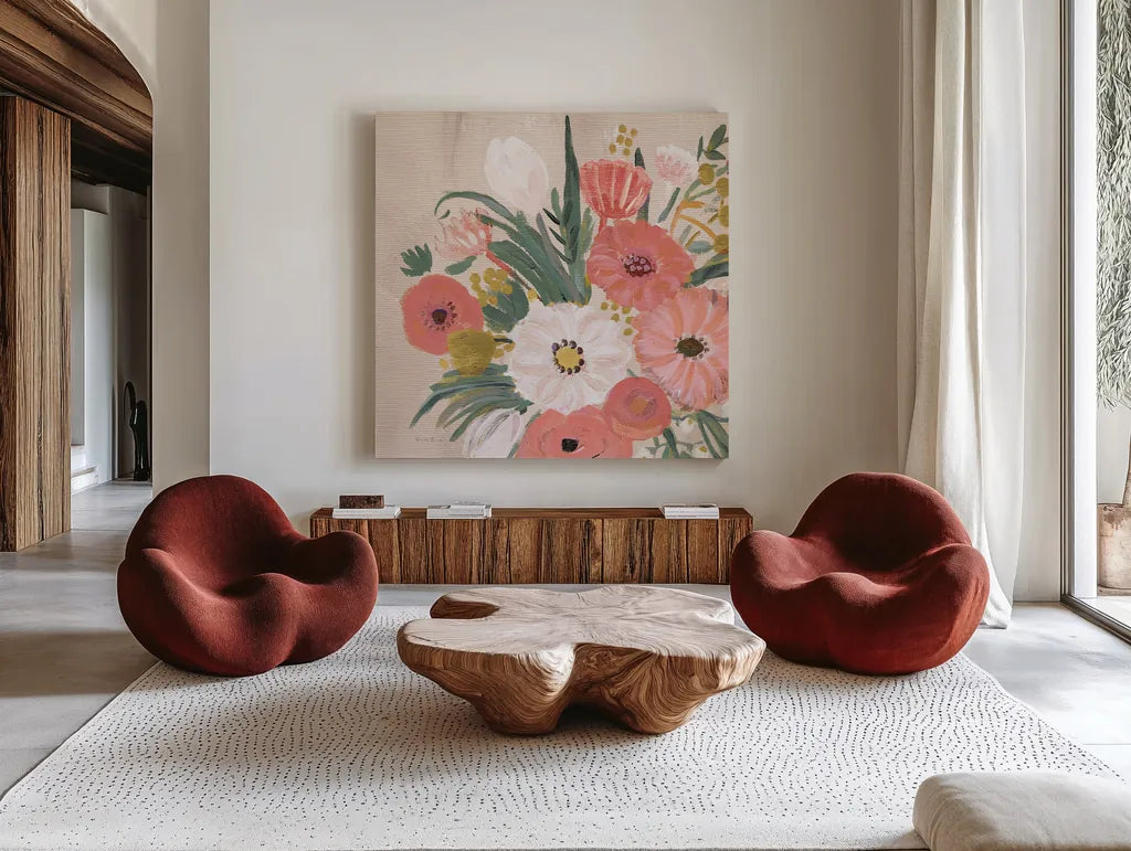 Vintage Floral IV Flipped Modern by Farida Zaman. Shown as extra-large giant wall art in a modern living room. Available as an archival giclee rolled canvas, fine art paper, or poster print. SKU 52775a.