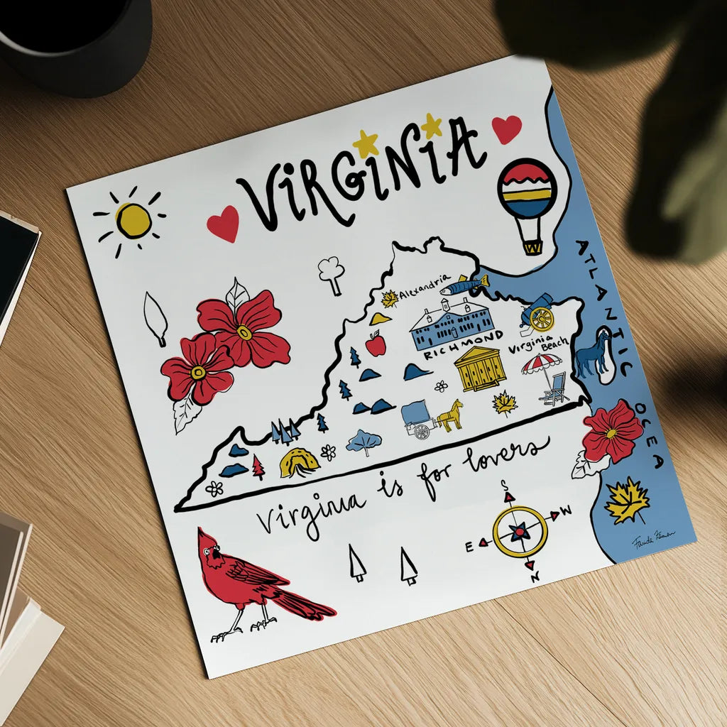 Virginia by Farida Zaman. Shown as a detailed flat fine art print, highlighting archival giclee quality. Available as an archival giclee rolled canvas, fine art paper, or poster print. SKU 87832a.