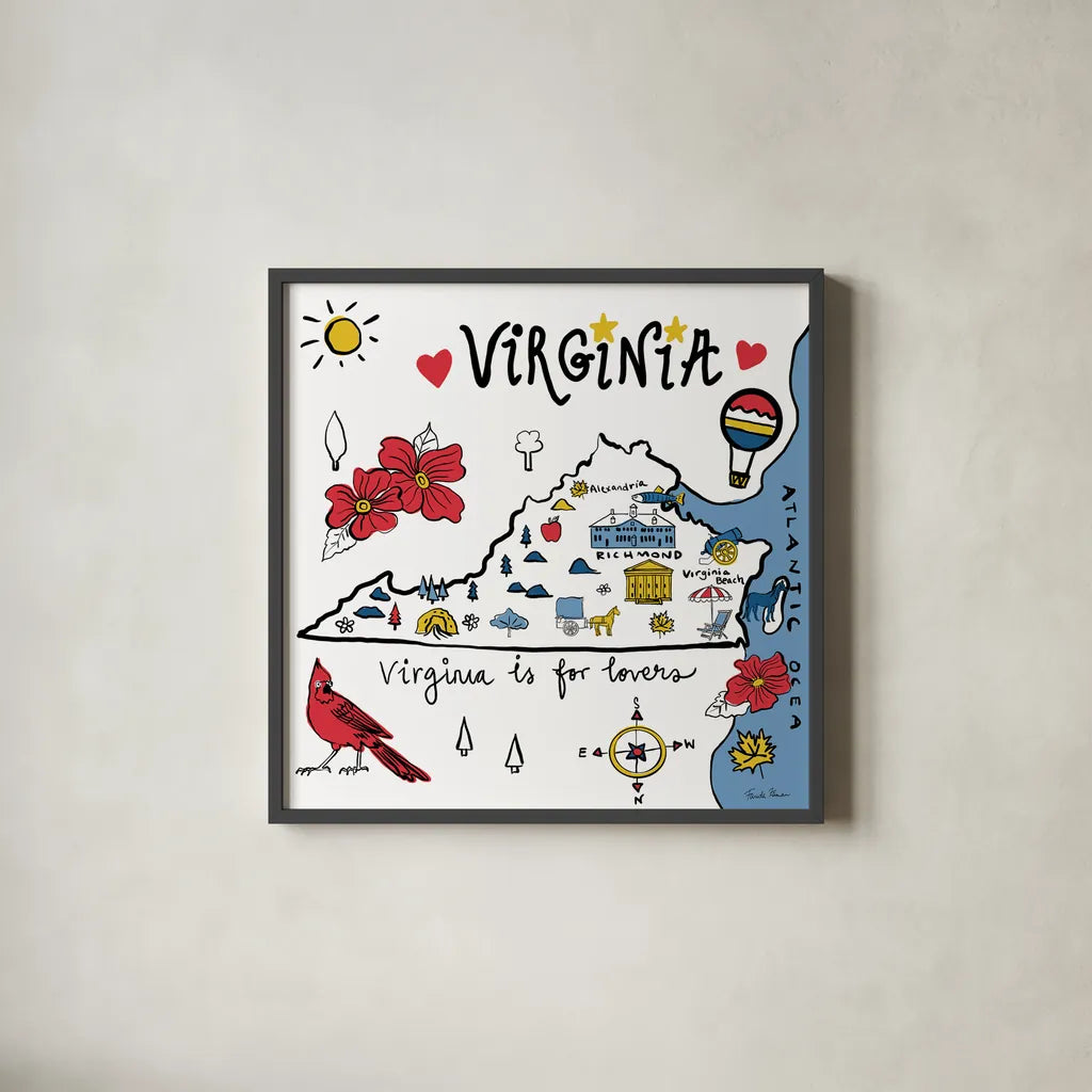 Virginia by Farida Zaman. Shown in a sleek black glass frame for a contemporary gallery look. Available as an archival giclee rolled canvas, fine art paper, or poster print. SKU 87832a.