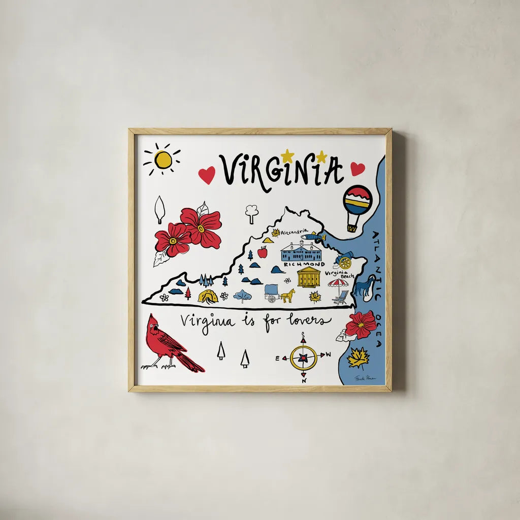 Virginia by Farida Zaman. Shown in a natural wood glass frame for a timeless modern aesthetic. Available as an archival giclee rolled canvas, fine art paper, or poster print. SKU 87832a.
