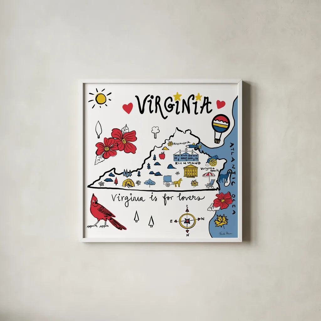 Virginia by Farida Zaman. Shown in a crisp white glass frame for a clean and minimalist style. Available as an archival giclee rolled canvas, fine art paper, or poster print. SKU 87832a.