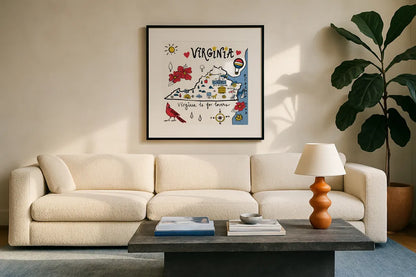 Virginia by Farida Zaman. Displayed in a glass frame with matte in a clean modern living room. Available as an archival giclee rolled canvas, fine art paper, or poster print. SKU 87832a.