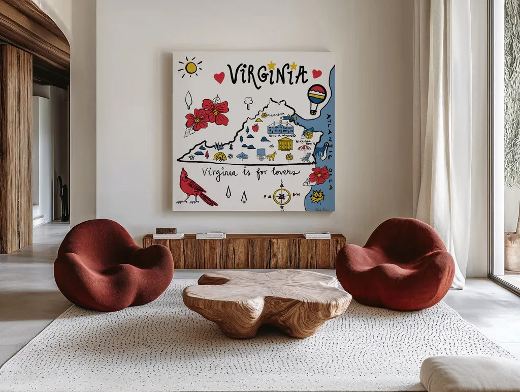 Virginia by Farida Zaman. Shown as extra-large giant wall art in a modern living room. Available as an archival giclee rolled canvas, fine art paper, or poster print. SKU 87832a.