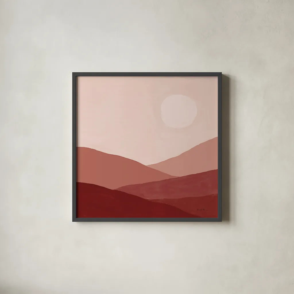 Warm Desert Landscape I by Farida Zaman. Shown in a sleek black glass frame for a contemporary gallery look. Available as an archival giclee rolled canvas, fine art paper, or poster print. SKU 74761a.