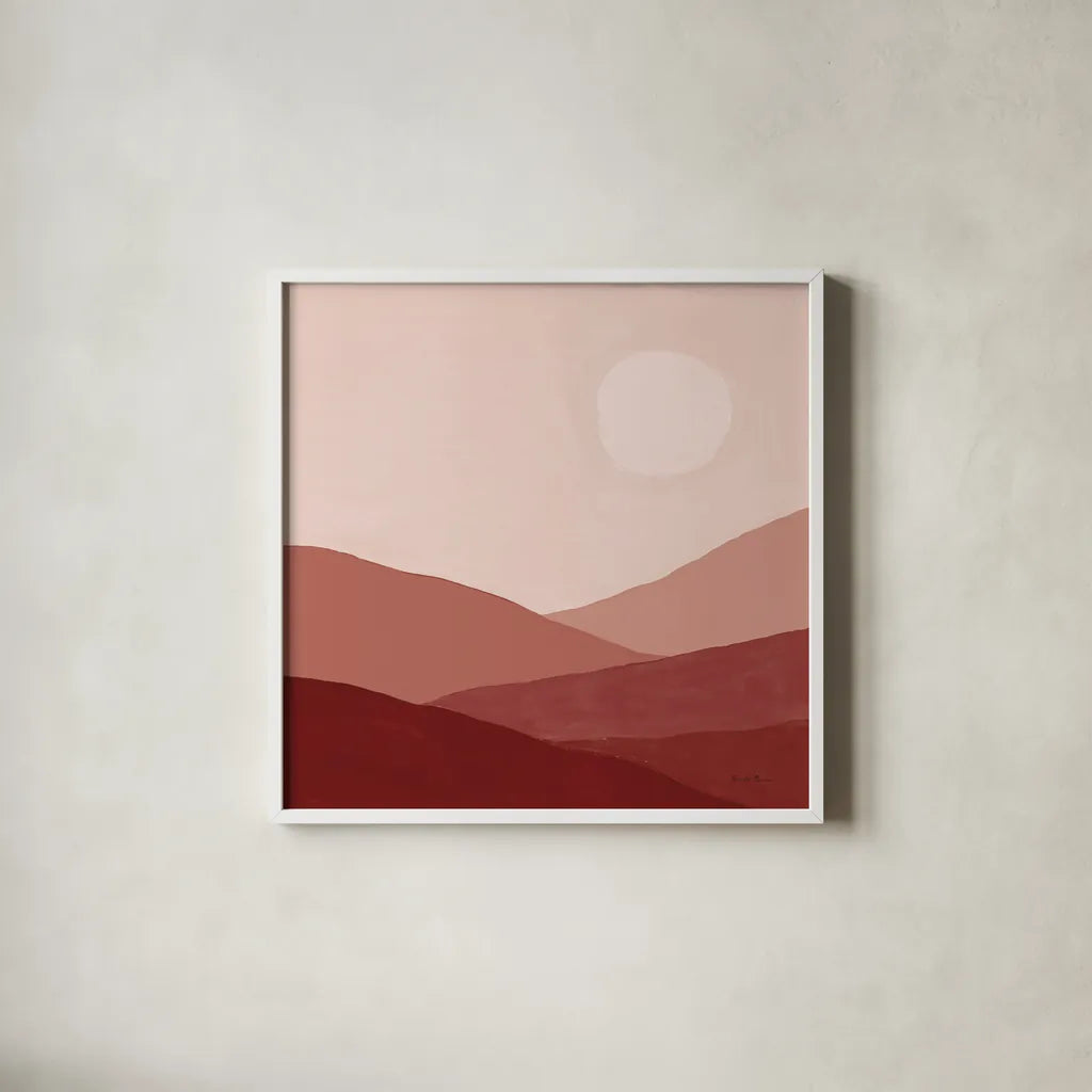 Warm Desert Landscape I by Farida Zaman. Shown in a crisp white glass frame for a clean and minimalist style. Available as an archival giclee rolled canvas, fine art paper, or poster print. SKU 74761a.