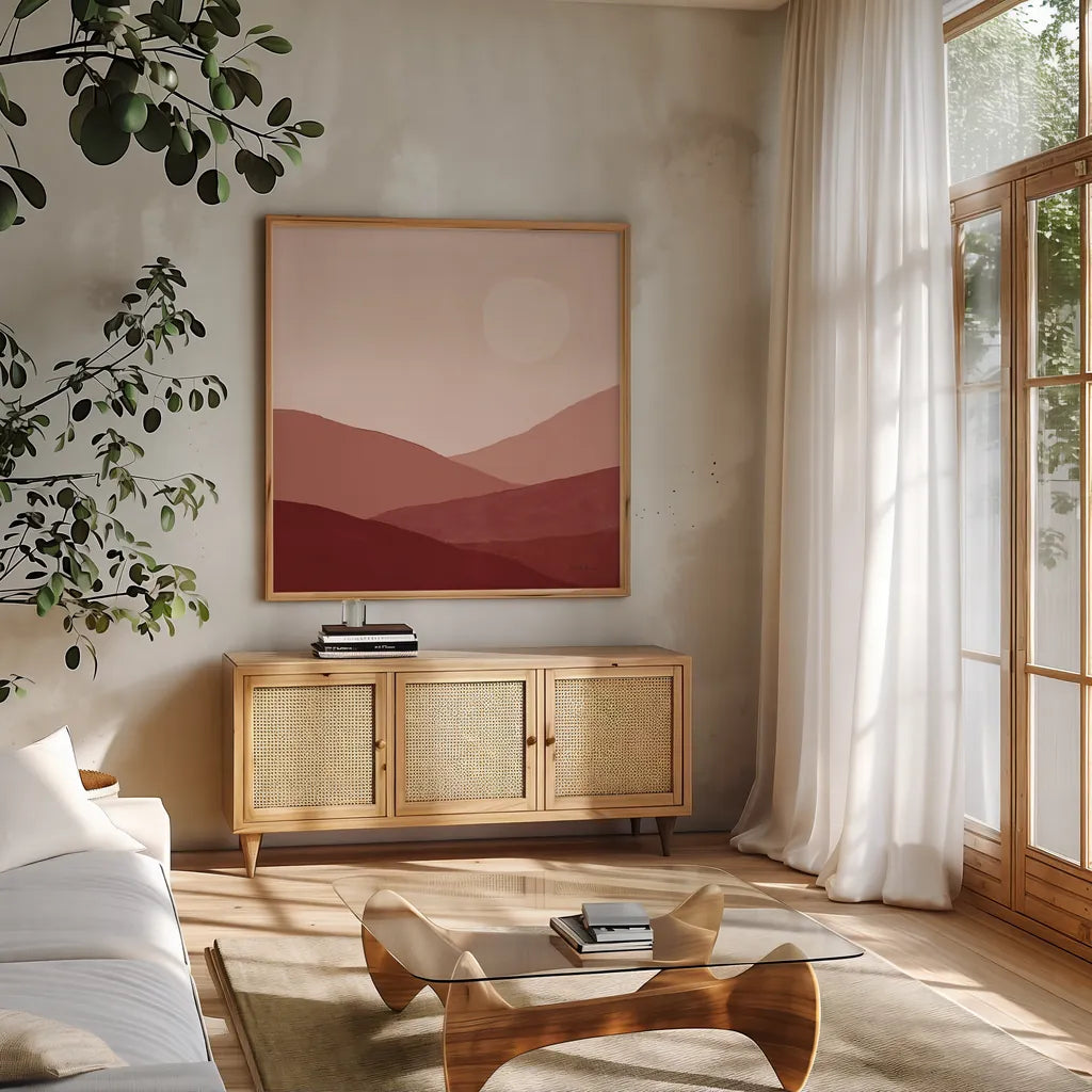 Warm Desert Landscape I by Farida Zaman. Shown in a natural wood frame in a cozy modern living room. Available as an archival giclee rolled canvas, fine art paper, or poster print. SKU 74761a.