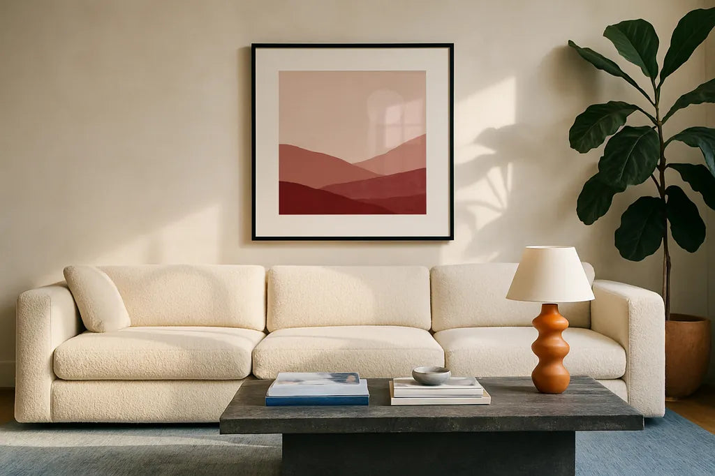 Warm Desert Landscape I by Farida Zaman. Displayed in a glass frame with matte in a clean modern living room. Available as an archival giclee rolled canvas, fine art paper, or poster print. SKU 74761a.