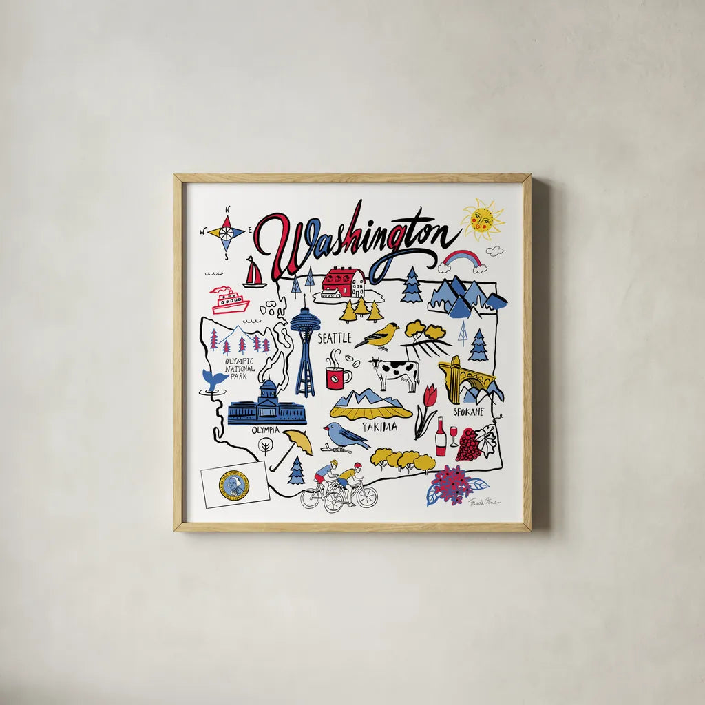 Washington by Farida Zaman. Shown in a natural wood glass frame for a timeless modern aesthetic. Available as an archival giclee rolled canvas, fine art paper, or poster print. SKU 68460a.