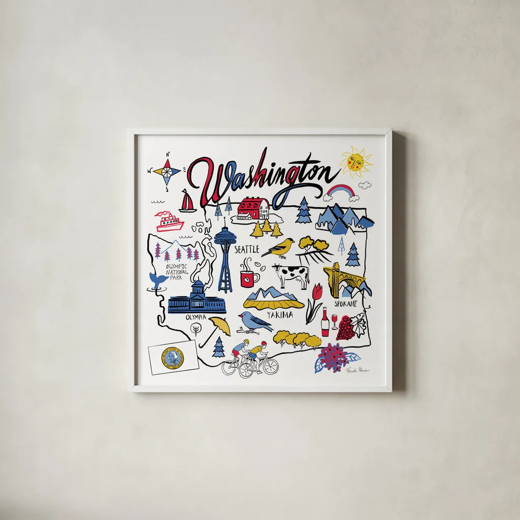 Washington by Farida Zaman. Shown in a crisp white glass frame for a clean and minimalist style. Available as an archival giclee rolled canvas, fine art paper, or poster print. SKU 68460a.
