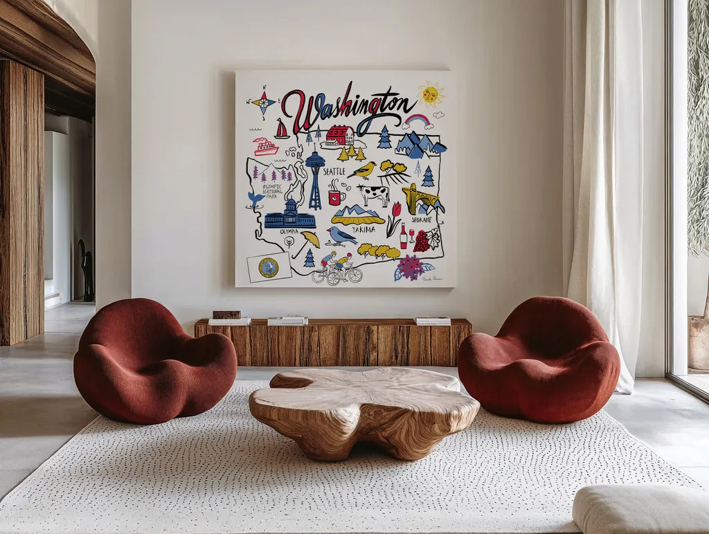 Washington by Farida Zaman. Shown as extra-large giant wall art in a modern living room. Available as an archival giclee rolled canvas, fine art paper, or poster print. SKU 68460a.