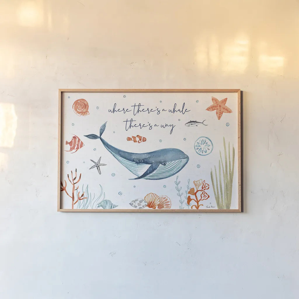 Whale Tale III by Farida Zaman. shown as a paper print in a natural frame. Available as a archival giclee rolled canvas, fine art paper, or poster print. SKU 48994i.
