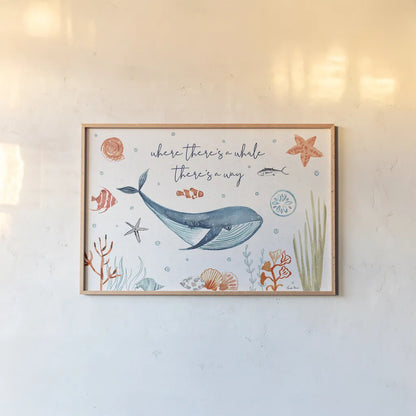 Whale Tale III by Farida Zaman. shown as a paper print in a natural frame. Available as a archival giclee rolled canvas, fine art paper, or poster print. SKU 48994i.