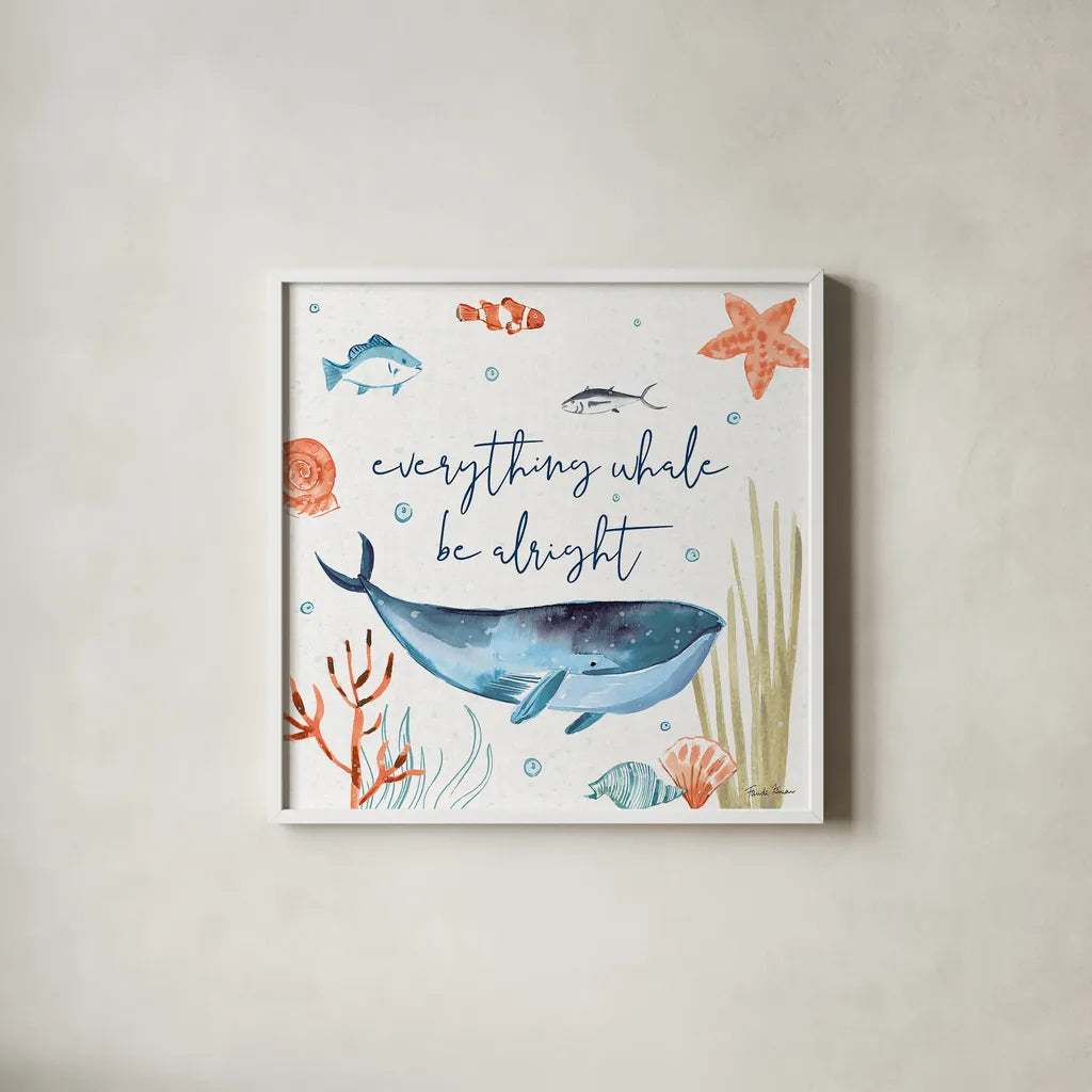 Whale Tale IV by Farida Zaman. Shown in a crisp white glass frame for a clean and minimalist style. Available as an archival giclee rolled canvas, fine art paper, or poster print. SKU 48995a.