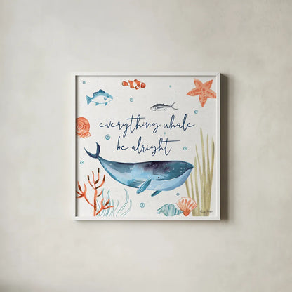 Whale Tale IV by Farida Zaman. Shown in a crisp white glass frame for a clean and minimalist style. Available as an archival giclee rolled canvas, fine art paper, or poster print. SKU 48995a.