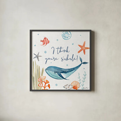 Whale Tale V by Farida Zaman. Shown in a sleek black glass frame for a contemporary gallery look. Available as an archival giclee rolled canvas, fine art paper, or poster print. SKU 48996a.
