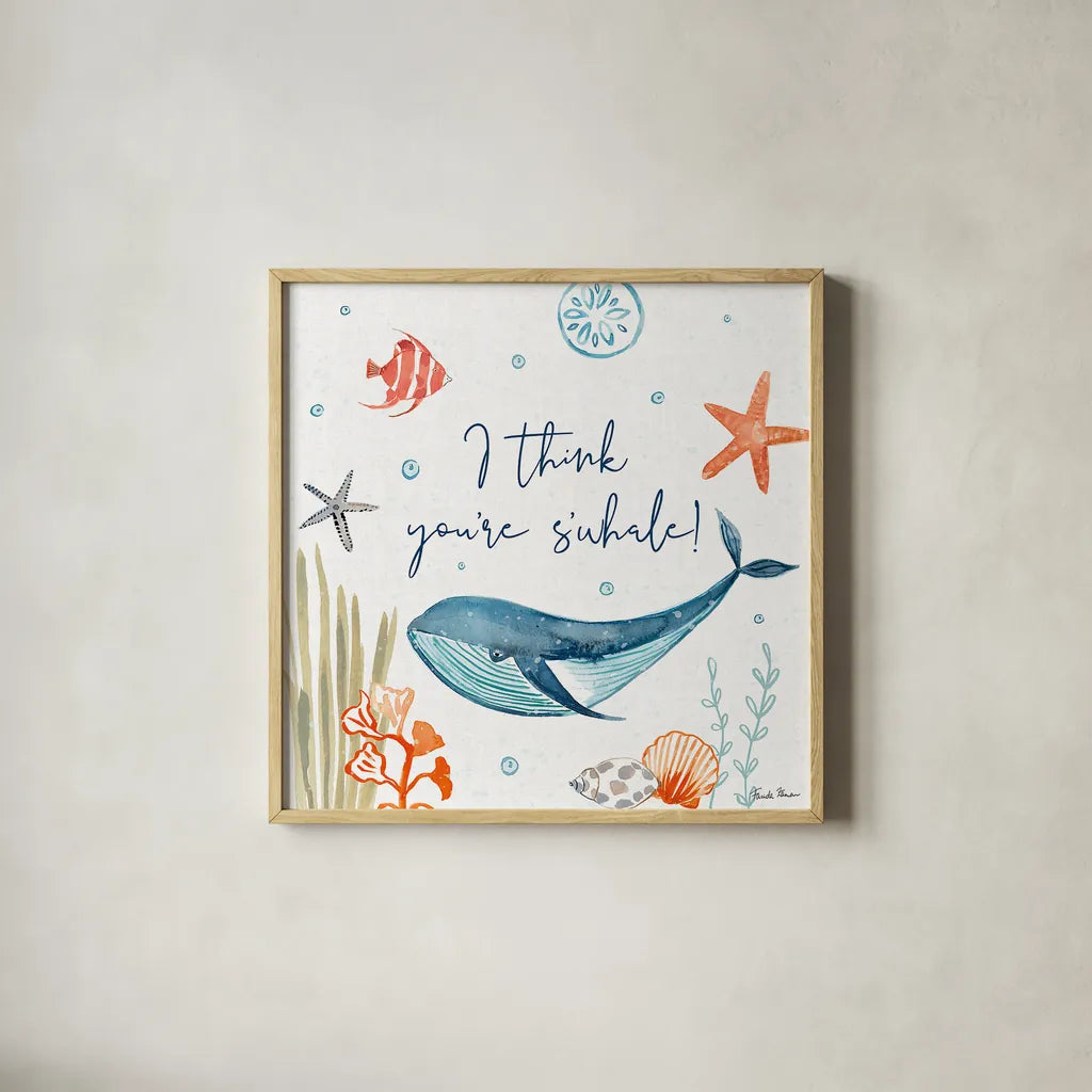 Whale Tale V by Farida Zaman. Shown in a natural wood glass frame for a timeless modern aesthetic. Available as an archival giclee rolled canvas, fine art paper, or poster print. SKU 48996a.