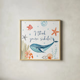 Whale Tale V by Farida Zaman. Shown in a natural wood glass frame for a timeless modern aesthetic. Available as an archival giclee rolled canvas, fine art paper, or poster print. SKU 48996a.