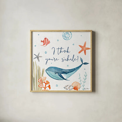 Whale Tale V by Farida Zaman. Shown in a natural wood glass frame for a timeless modern aesthetic. Available as an archival giclee rolled canvas, fine art paper, or poster print. SKU 48996a.