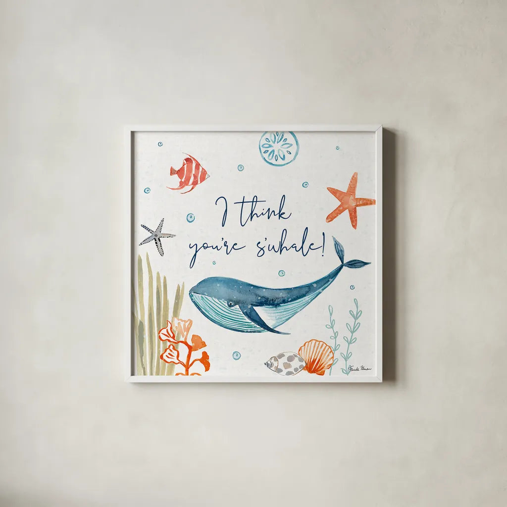 Whale Tale V by Farida Zaman. Shown in a crisp white glass frame for a clean and minimalist style. Available as an archival giclee rolled canvas, fine art paper, or poster print. SKU 48996a.