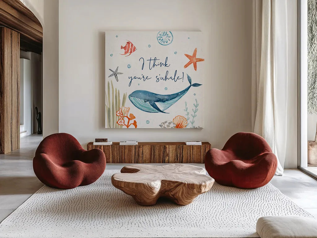 Whale Tale V by Farida Zaman. Shown as extra-large giant wall art in a modern living room. Available as an archival giclee rolled canvas, fine art paper, or poster print. SKU 48996a.