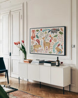Whimsical Woodland I by Farida Zaman. shown as a framed stretched canvas in a living room above a console. Available as a archival giclee rolled canvas, fine art paper, or poster print. SKU 58230i.