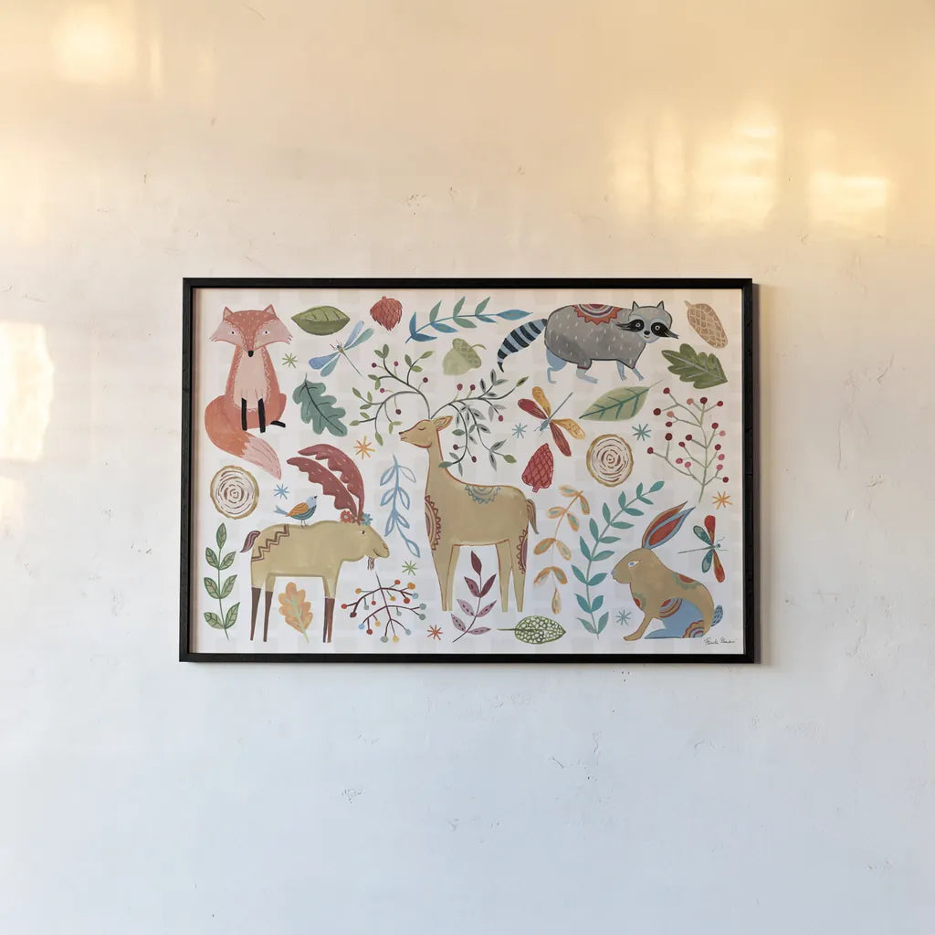 Whimsical Woodland I by Farida Zaman. shown as a paper print in a black flame. Available as a archival giclee rolled canvas, fine art paper, or poster print. SKU 58230i.