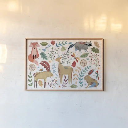 Whimsical Woodland I by Farida Zaman. shown as a paper print in a natural frame. Available as a archival giclee rolled canvas, fine art paper, or poster print. SKU 58230i.