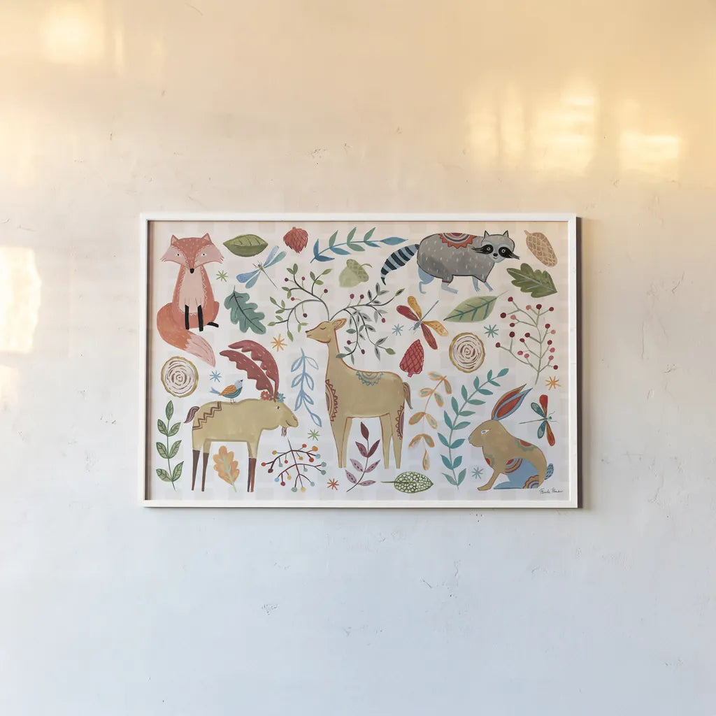 Whimsical Woodland I by Farida Zaman. shown as a paper print in a white frame. Available as a archival giclee rolled canvas, fine art paper, or poster print. SKU 58230i.