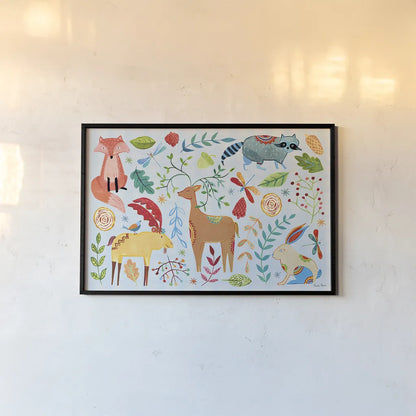 Whimsical Woodland I Pastel by Farida Zaman. shown as a paper print in a black flame. Available as a archival giclee rolled canvas, fine art paper, or poster print. SKU 58679i.