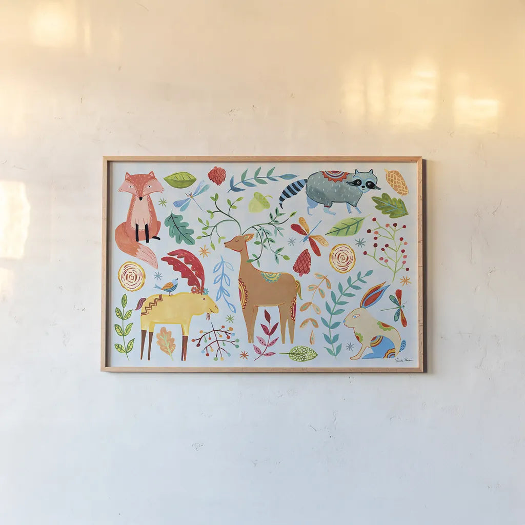 Whimsical Woodland I Pastel by Farida Zaman. shown as a paper print in a natural frame. Available as a archival giclee rolled canvas, fine art paper, or poster print. SKU 58679i.