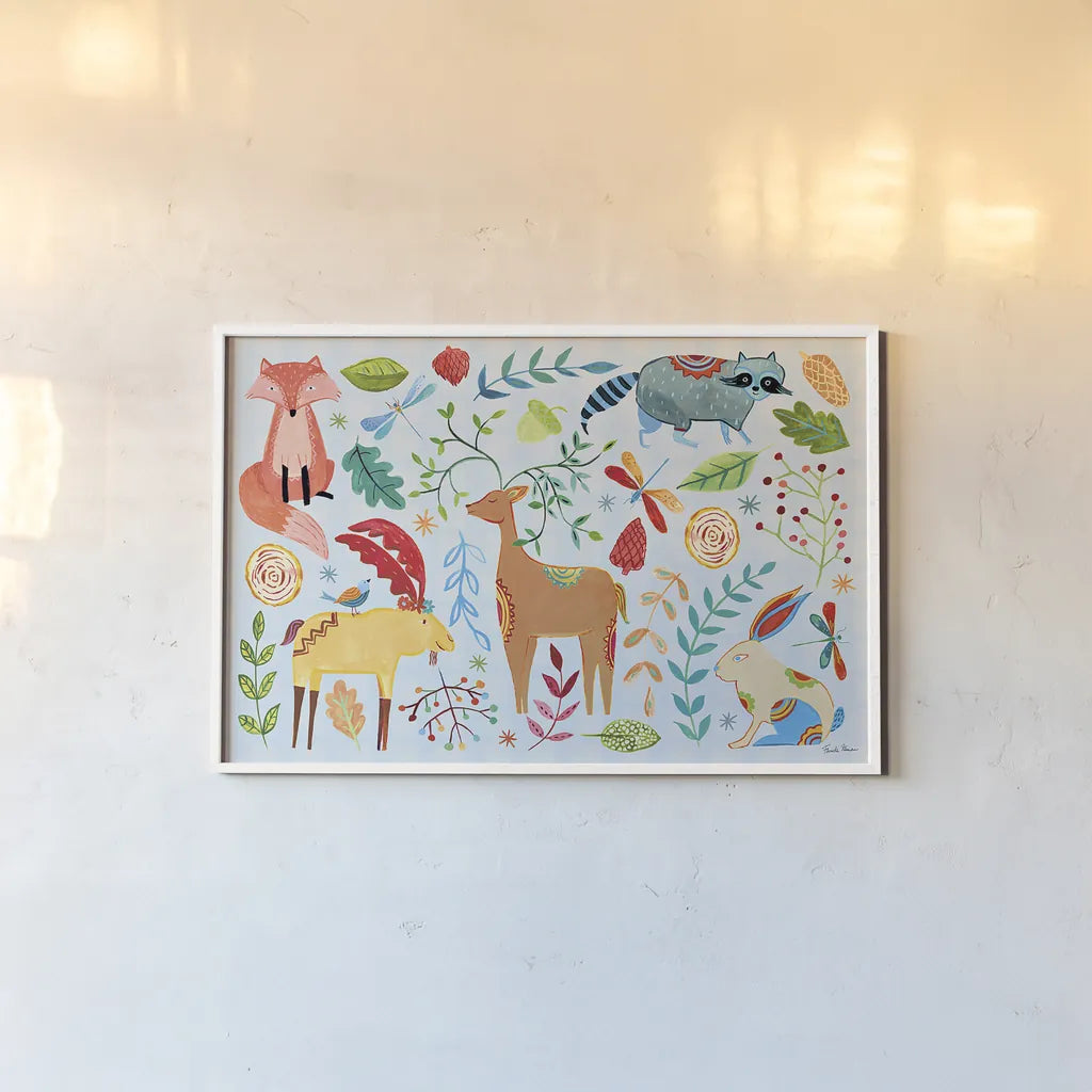 Whimsical Woodland I Pastel by Farida Zaman. shown as a paper print in a white frame. Available as a archival giclee rolled canvas, fine art paper, or poster print. SKU 58679i.