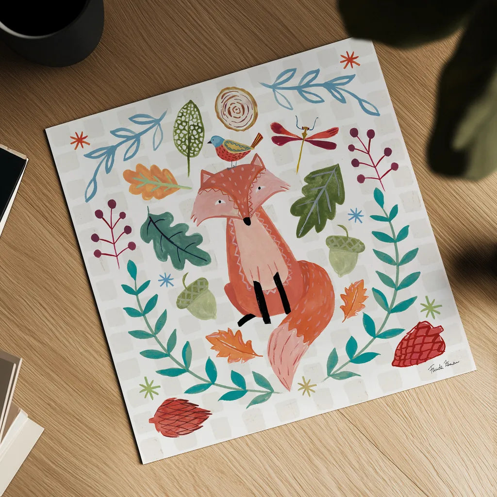 Whimsical Woodland II by Farida Zaman. Shown as a detailed flat fine art print, highlighting archival giclee quality. Available as an archival giclee rolled canvas, fine art paper, or poster print. SKU 58231a.