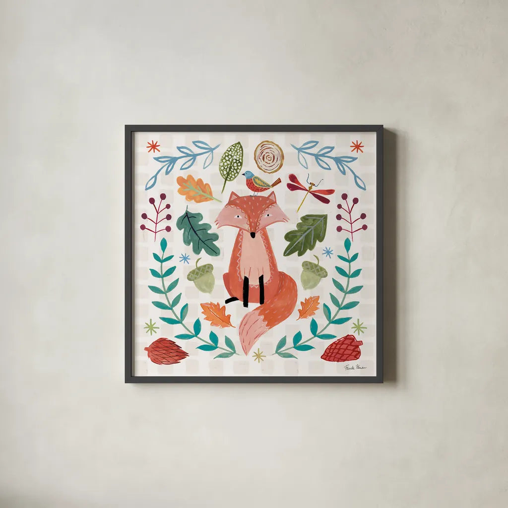 Whimsical Woodland II by Farida Zaman. Shown in a sleek black glass frame for a contemporary gallery look. Available as an archival giclee rolled canvas, fine art paper, or poster print. SKU 58231a.